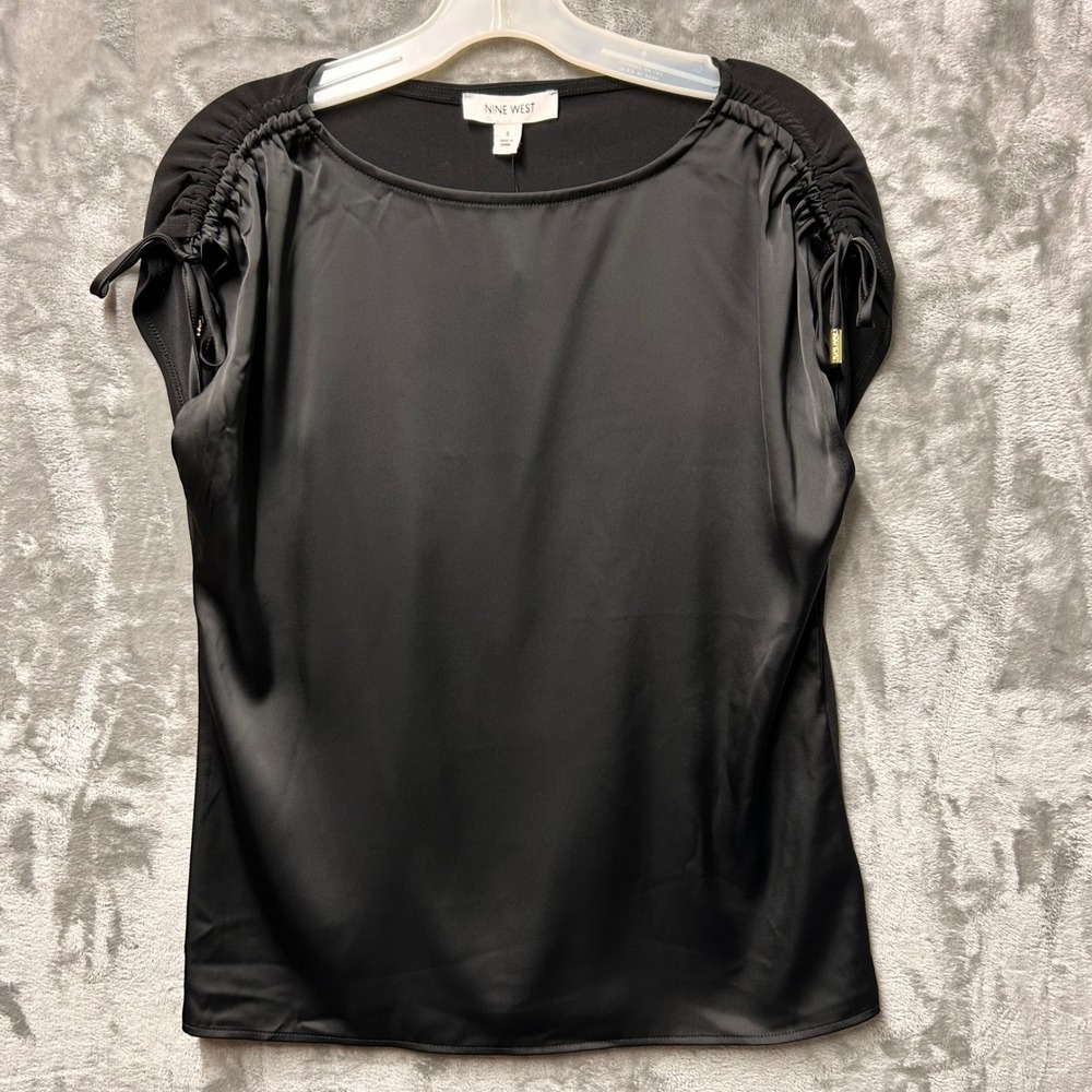 NEW Nine West Black Satin Top Womens Size S Ruched Shoulder Tie Sleeve Elegant